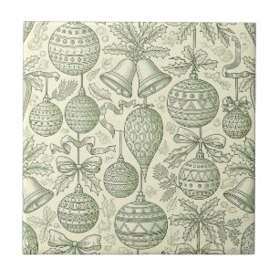 Azulejo De Cerâmica Adorno de Natal Antigo Toile Verde Sage Creme