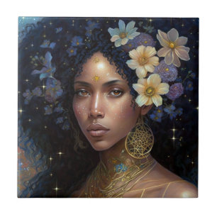 Azulejo De Cerâmica Afro-Americano Deusa Negra Rainha Fantasia Art C