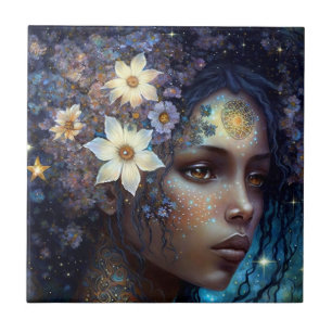 Azulejo De Cerâmica Afro-Americano Deusa Negra Rainha Fantasia Art C