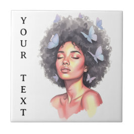 Azulejo De Cerâmica Afro Beauty with Butterflies – Watercolor Portrait