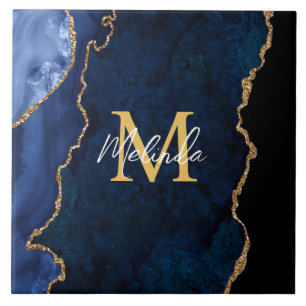 Azulejo De Cerâmica Ágata Mármore Azul Naval e Dourado