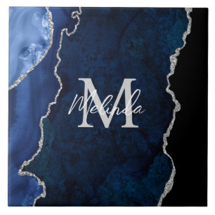 Azulejo De Cerâmica Ágata Mármore Azul Naval e Prata
