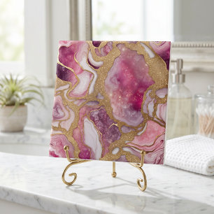Azulejo De Cerâmica Ágata Rosa e Dourada Geodo Arte Abstrata em Resina