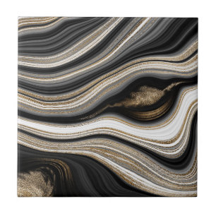 Azulejo De Cerâmica Agate Black White e Gold Flule Marble Moderno