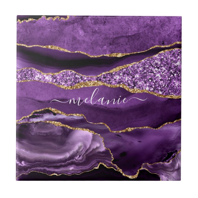 Azulejo De Cerâmica Agate Purple Dourado Glitter Nome Personalizado Az (Frente)