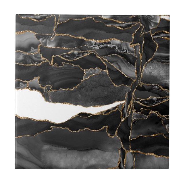 Azulejo De Cerâmica Agato de brilho preto e Dourado (Frente)
