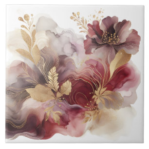 Azulejo De Cerâmica Agato floral de Borgonha e Glitter Dourado