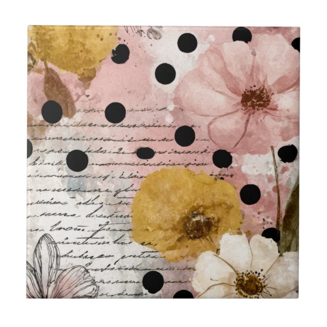 Azulejo De Cerâmica Água-forte Floral em Script com Pontos (2) (Frente)