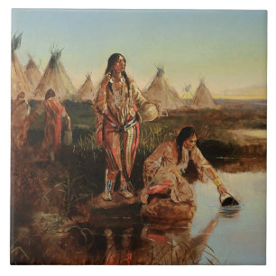 Azulejo De Cerâmica "Água para o acampamento", Arte de Cowboy por Char