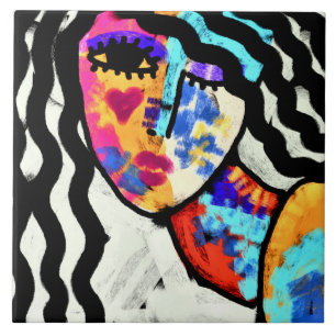 Azulejo De Cerâmica Aguardando retrato digital Abstrato de uma mulher