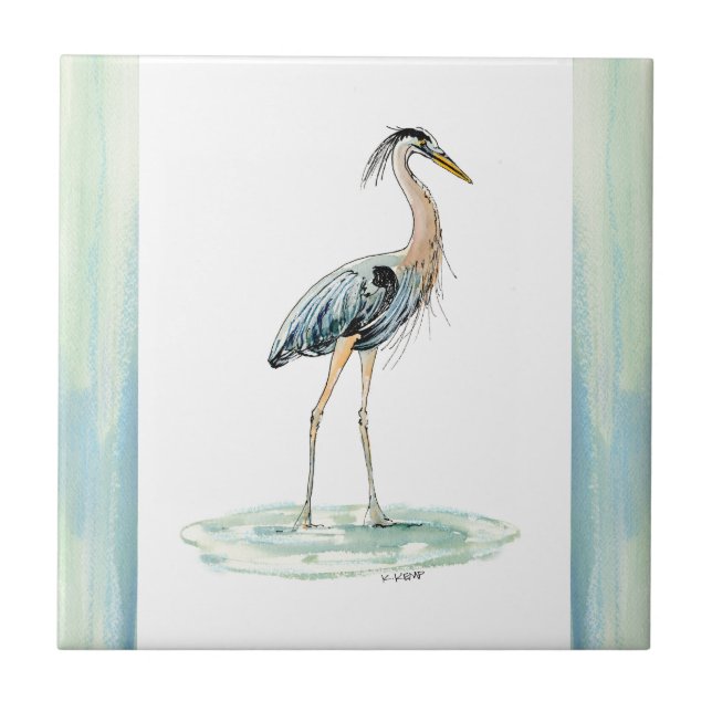 Azulejo De Cerâmica Aguarela azul da garça-real (Frente)