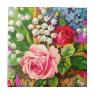 Azulejo De Cerâmica Aguarela da cesta floral do vintage