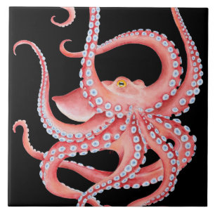 Azulejo De Cerâmica Aguarela vermelha do polvo no preto