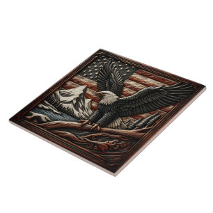 Azulejo De Cerâmica Águia Majestosa com Montanhas e Bandeira Americana