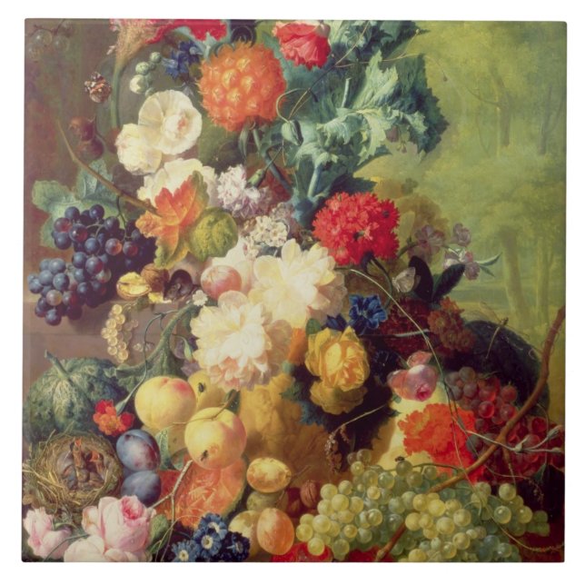Azulejo De Cerâmica Ainda vida com flores e fruta (Frente)