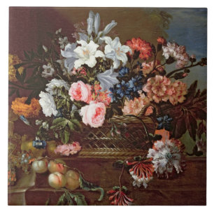 Azulejo De Cerâmica Ainda vida das flores em uma cesta