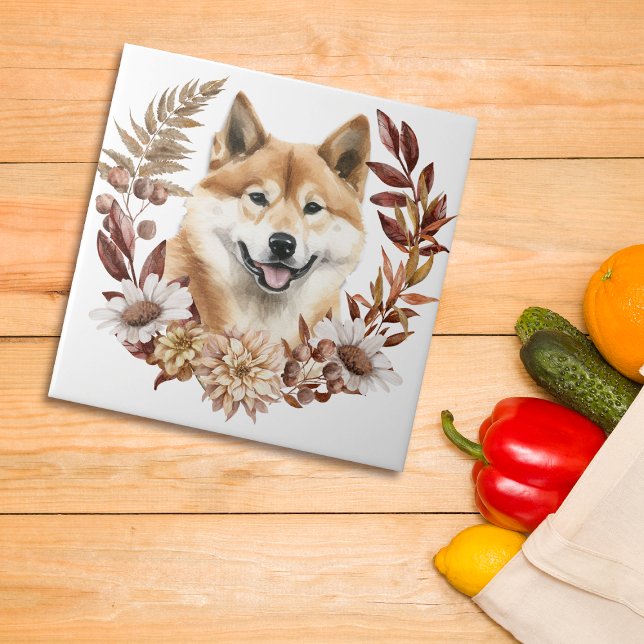 Azulejo De Cerâmica Akita Inu Dog Autumn Wreath (Criador carregado)