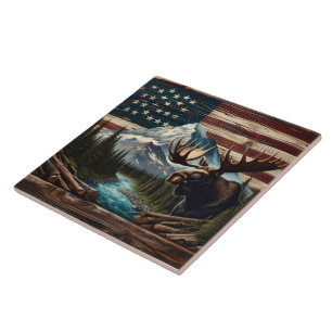 Azulejo De Cerâmica Alce com Montanhas e Fundo do Sinalizador