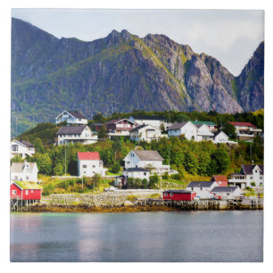 Azulejo De Cerâmica Aldeia de Lofoten Norway Reine sob o céu azul enso