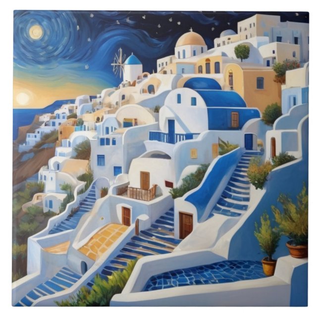 Azulejo De Cerâmica Aldeia grega em Hillside com moinho de vento - Gré (Frente)