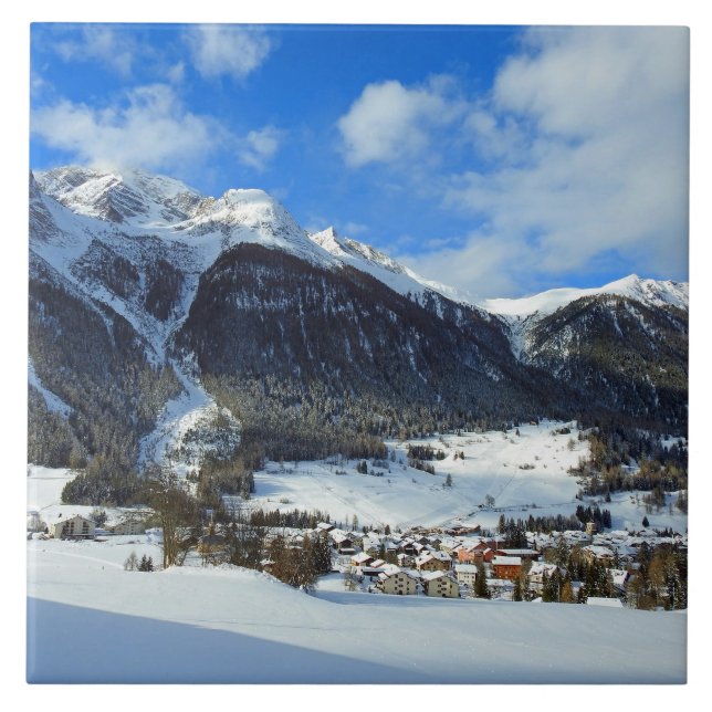 Azulejo De Cerâmica aldeia suiça no vale da montanha (Frente)