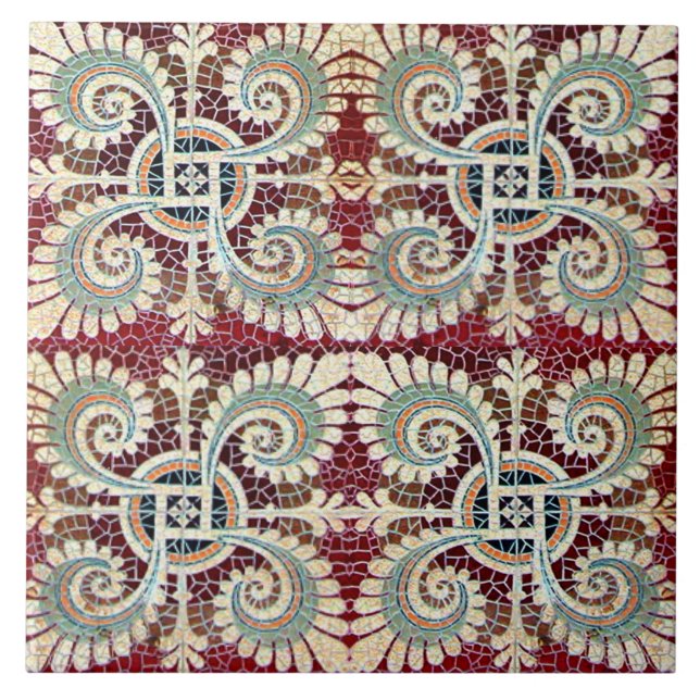 Azulejo De Cerâmica Alemão Floral Maroon Art Nouveau Jugendstil (Frente)