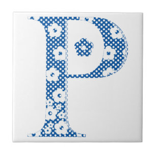 Azulejo De Cerâmica alfabeto floral P (azul e pontos)