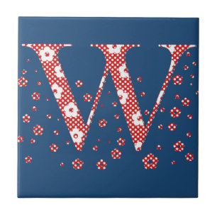 Azulejo De Cerâmica alfabeto floral W (vermelho e pontos)