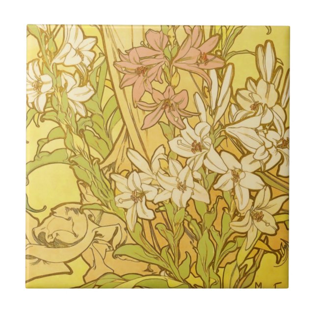 Azulejo De Cerâmica Alfonse Mucha Art Nouveau Lily Flores (Frente)