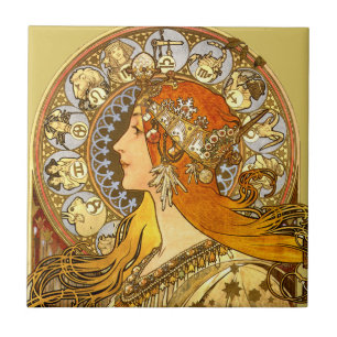 Azulejo De Cerâmica Alfonse Mucha Zodiac Art Nouveau Mulher