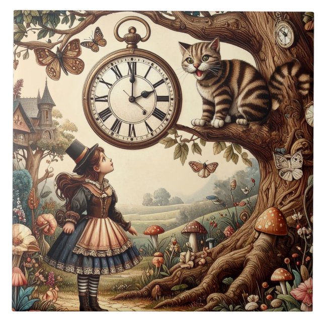 Azulejo De Cerâmica Alice & Cheshire Cat: Whimsical Wonderland Fantasy (Frente)