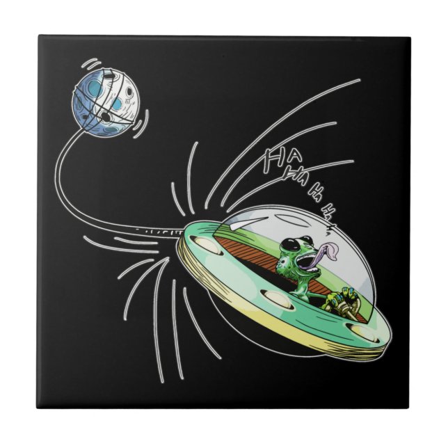 Azulejo De Cerâmica Alienígena espacial Roubando a Lua (Frente)