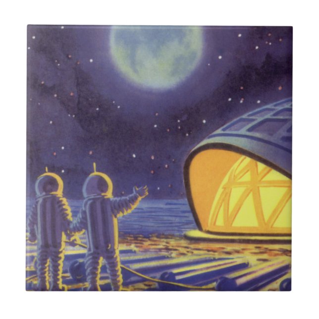 Azulejo De Cerâmica Aliens de ficção científica em lua planeta azul (Frente)