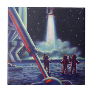 Azulejo De Cerâmica Aliens de ficção científica vintage ondulam o fogu