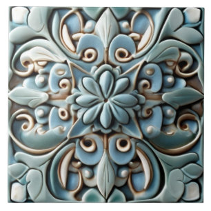 Azulejo De Cerâmica Alivio Boho Teal Turquoise Faux Flor Botânica