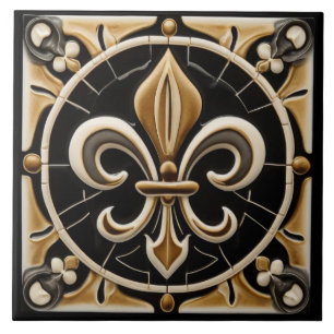 Azulejo De Cerâmica Alivio Dourado e preto Fleur de Lis Faux