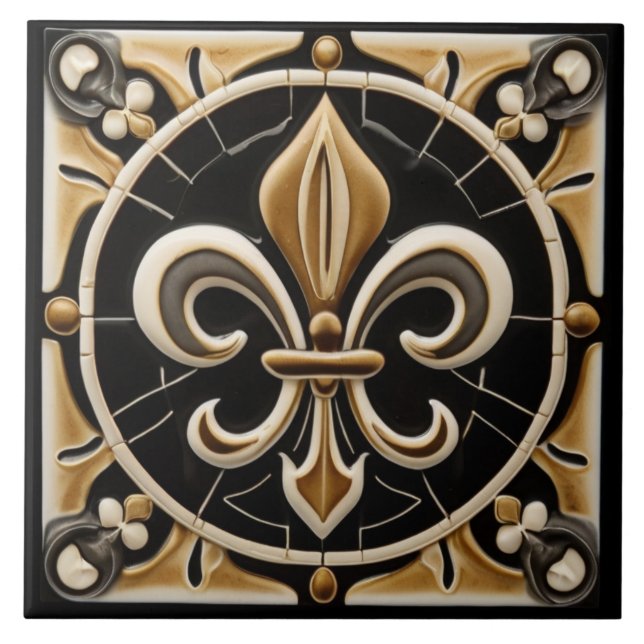 Azulejo De Cerâmica Alivio Dourado e preto Fleur de Lis Faux (Frente)