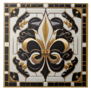 Azulejo De Cerâmica Alivio Dourado Preto e Branco Fleur de Lis Faux