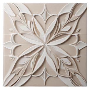 Azulejo De Cerâmica Alivio Faux Pastel Beige & White Abstrato Floral