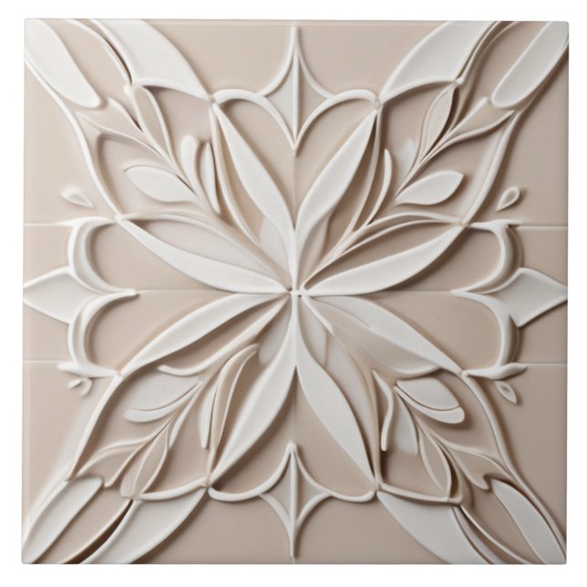 Azulejo De Cerâmica Alivio Faux Pastel Beige & White Abstrato Floral (Frente)