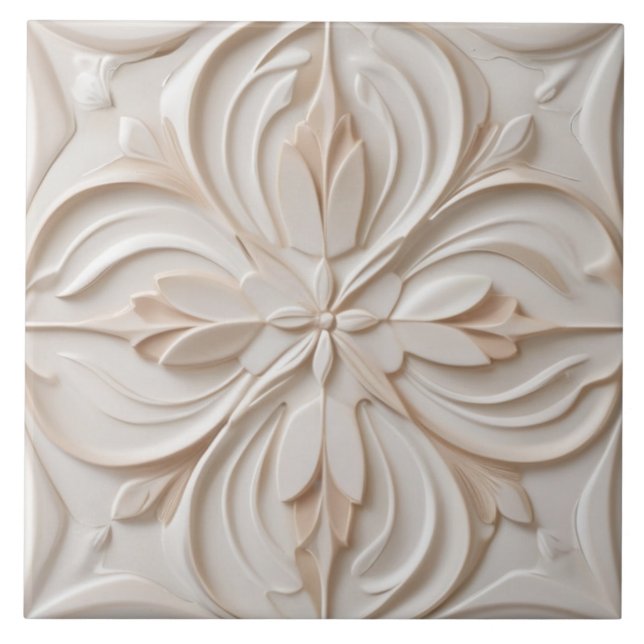 Azulejo De Cerâmica Alivio Faux Pastel Beige & White Decorative Flower (Frente)