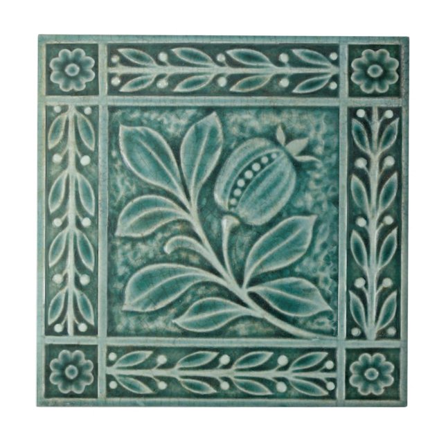 Azulejo De Cerâmica Alivio Repro c1900 Teal Majolica Faux Pomegranate (Frente)