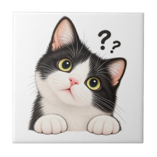 Azulejo De Cerâmica Almofada de Gato Tuxedo Preto e Branco Curioso