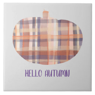 Azulejo De Cerâmica Alô Abóbora Tartan cinza de aquarela no outono lar