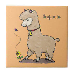 Azulejo De Cerâmica Alpaca feliz e giro com cartoon de borboleta