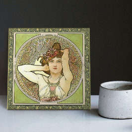 Azulejo De Cerâmica Alphonse Mucha Ametyst Green Art Nouveau Vintage
