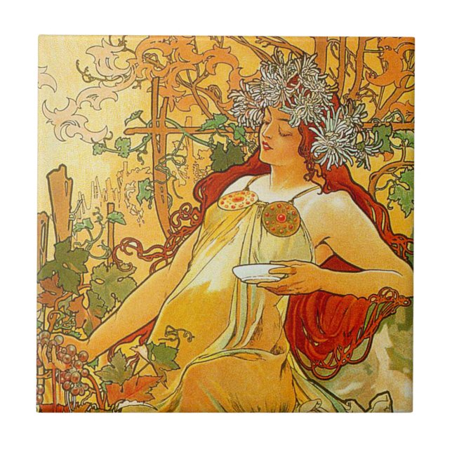Azulejo De Cerâmica Alphonse Mucha Art Nouveau Autumn (Frente)