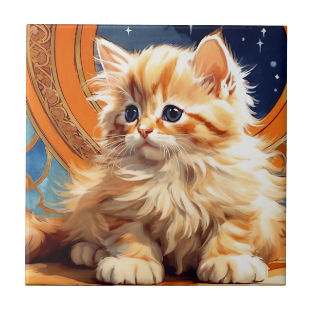 Azulejo De Cerâmica Alphonse Mucha Art Nouveau Orange Cat (Frente)