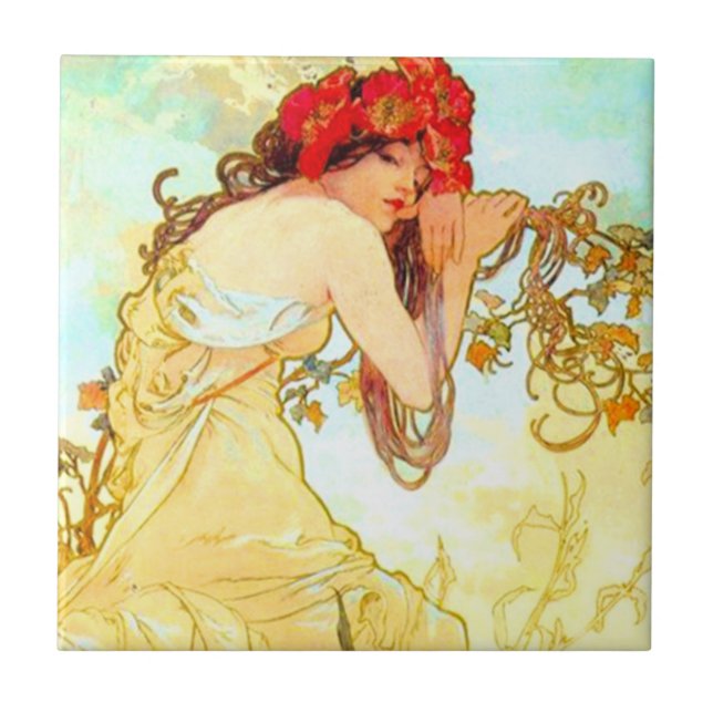 Azulejo De Cerâmica Alphonse Mucha Art Nouveau Summer (Frente)