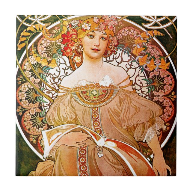 Azulejo De Cerâmica Alphonse Mucha Dreaming (Reverie) (Frente)